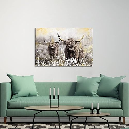 Miniatura 2 de Derkymo Lienzo decorativo para pared, diseño de vaca de las montañas, arte de animales de granja, decoración de granja enmarcada fácil de colgar, 24