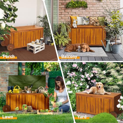 57 Gallon Wooden Outdoor Deck Box with Wheels - Water-Resistant Storage for Patio, Indoor & Outdoor
