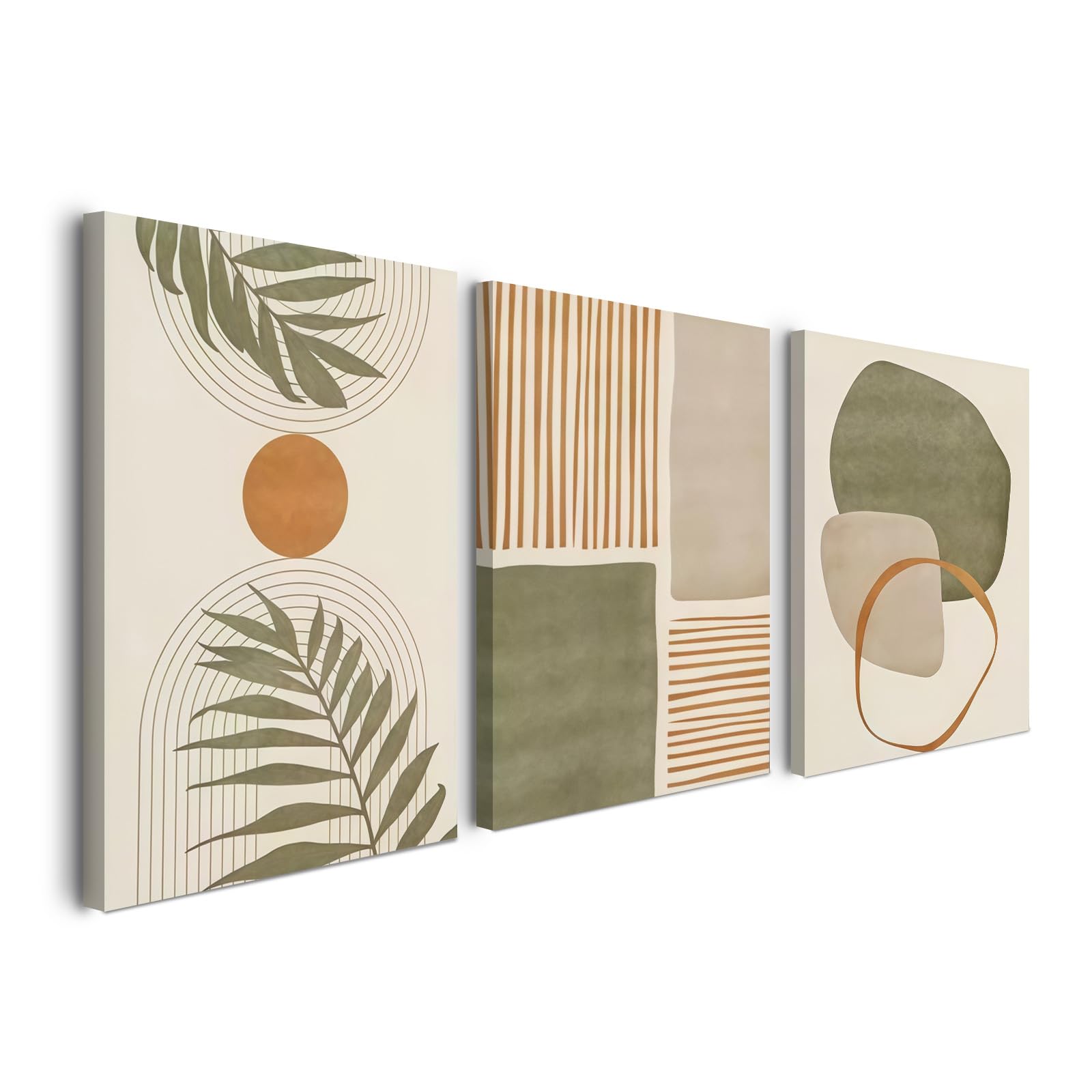 Alptiny Set of 3 Abstract Geometric Canvas Wall Art - Modern Wall Decor with Green and Orange Tones, Minimalist Wall Art for Living Room, Bedroom, and Hallway