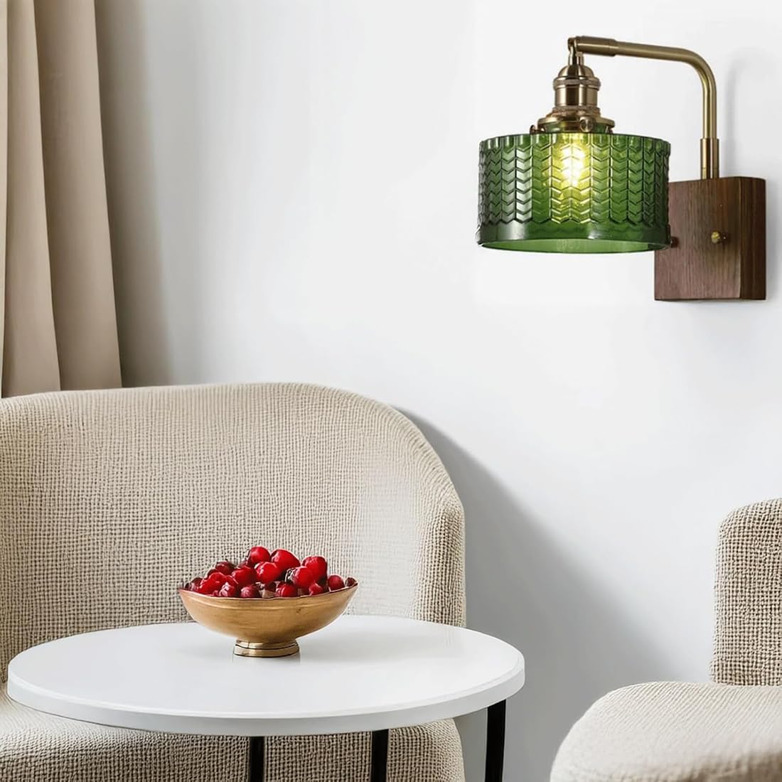 Applique da parete moderna per interni con paralume in vetro e base in legno massello, stile retrò, lampade industriali per camera da letto, comodino, soggiorno, veranda, sala da pranzo (verde)