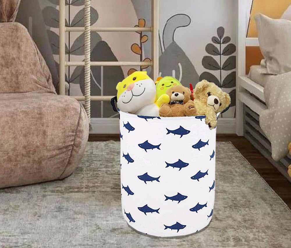Runder Wäschekorb mit Haifisch-Muster, Aufbewahrungskorb, Stoffmaterial, Aufbewahrungskorb, Aufbewahrungskorb, Geschenkbox, mit Griffen für Zimmer