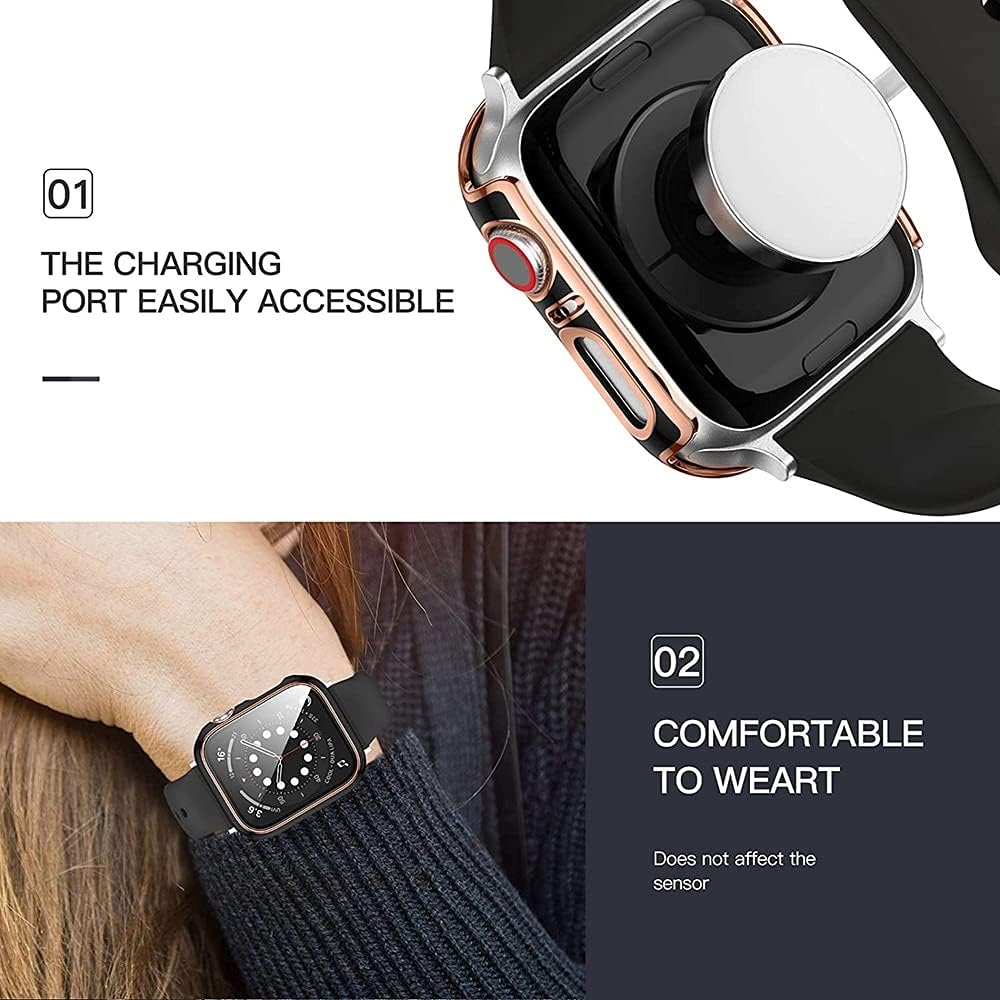 Glass + Cover for Apple Watch Case 45mm 41mm 44mm 40mm Two Color Screen Protector Bumper iWatch Series 8 7 6 SE 5 4 3 42mm 38mm (Color : White Rosegold, Size : Series 7 8 41mm)
