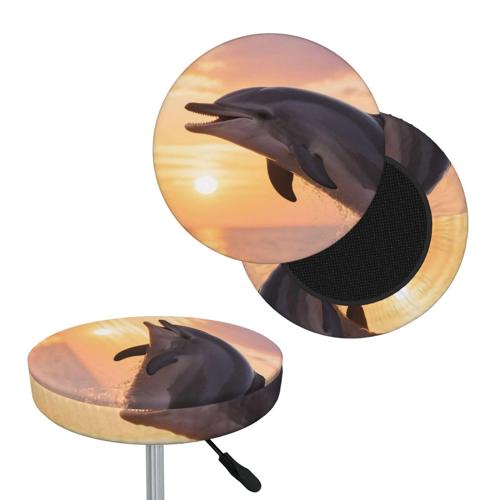 FekiLoot Dolphin Sunset Round Bar Stool Covers Stretch Washable Bar Stool Covers Dustproof Slipcover Bar Chair Covers with Elastic Band for Bar Kitchen Living Room Decor 14 Inch