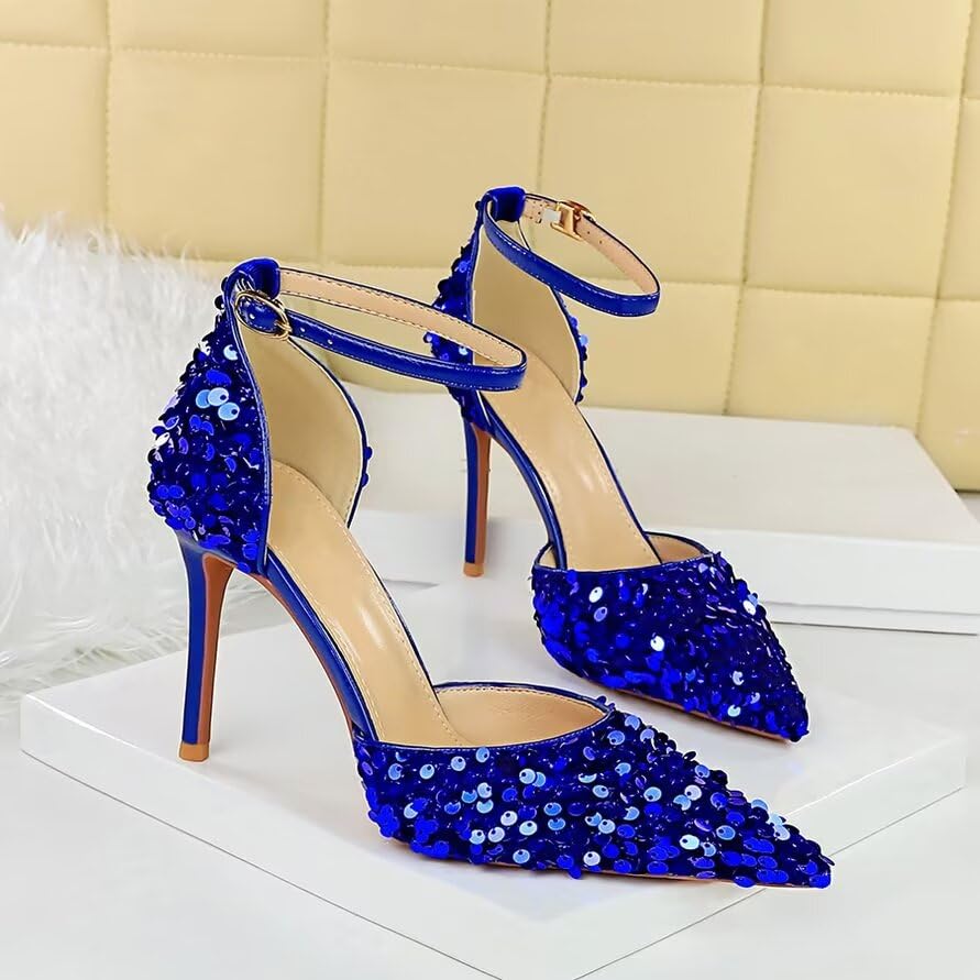 JOEupin Women's Sequin Pumps 4 Inch Pointed Toe Ankle Strap Stiletto Heels Party Wedding Dress Shoes3