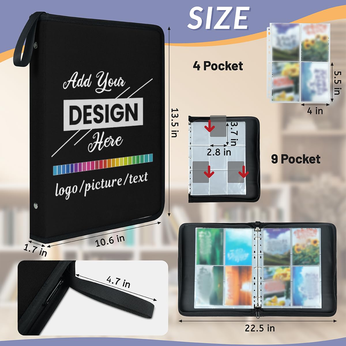 Carpeta de tarjetas deportivas personalizada, 4 bolsillos, 400 unidades, colección de tarjetas, álbum de 3 anillos, fundas negras para tarjetas MTG, TCG, tarjetas deportivas, tarjetas de juego