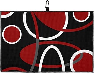 Black Red Golf Towel with Carabiner Clip, Round Geometric White Line Modern Abstract Art Microfiber Waffle Pattern Golf Towel, Golf Accessories for Cleaning Clubs and Balls, 24x16 in