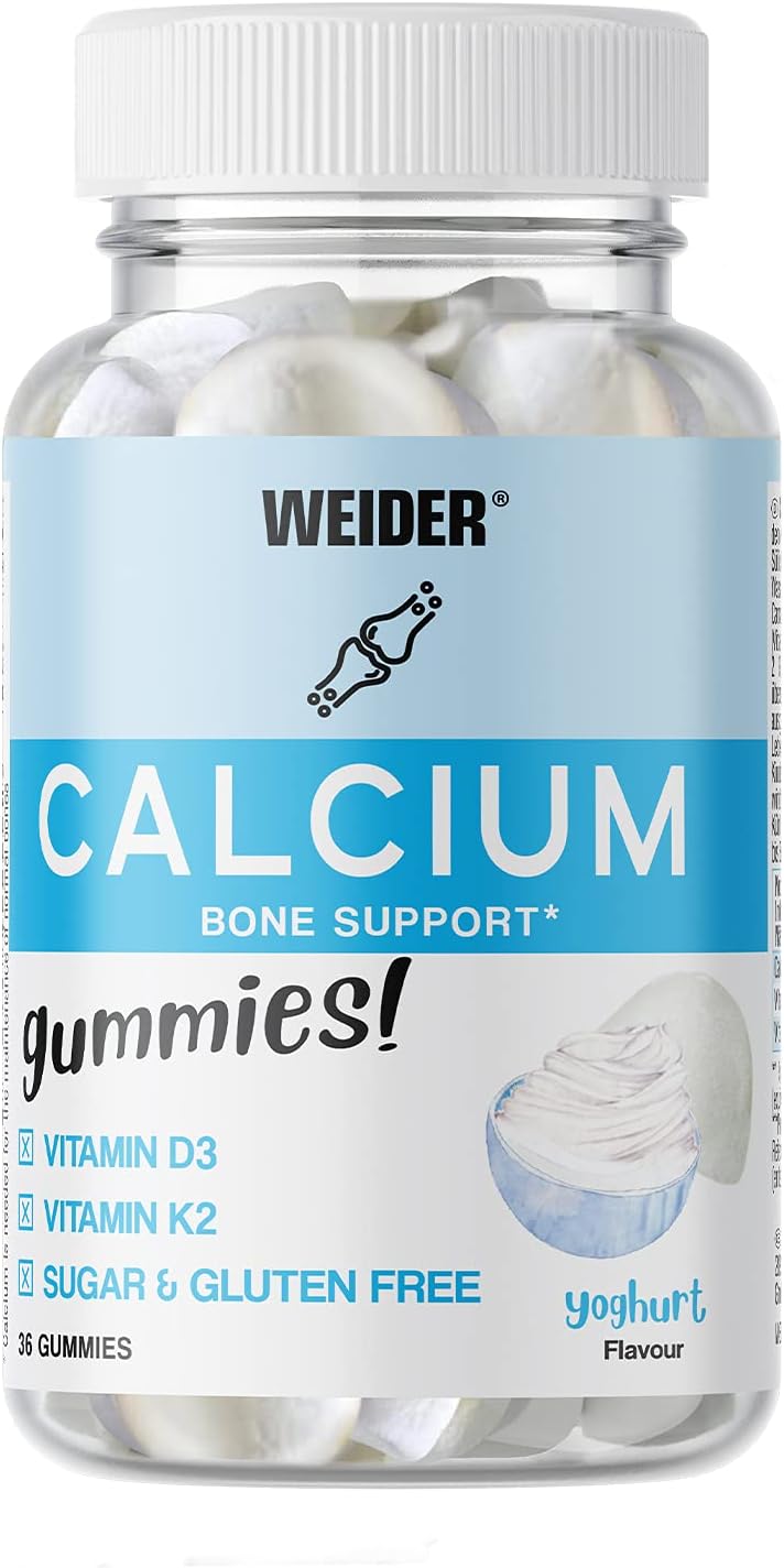 Weider Calcium Gummies. Gominolas de Calcio con Vitamina D y K. Sin Azúcares y Sin Gluten. 36 gummies. Sabor yogurt.