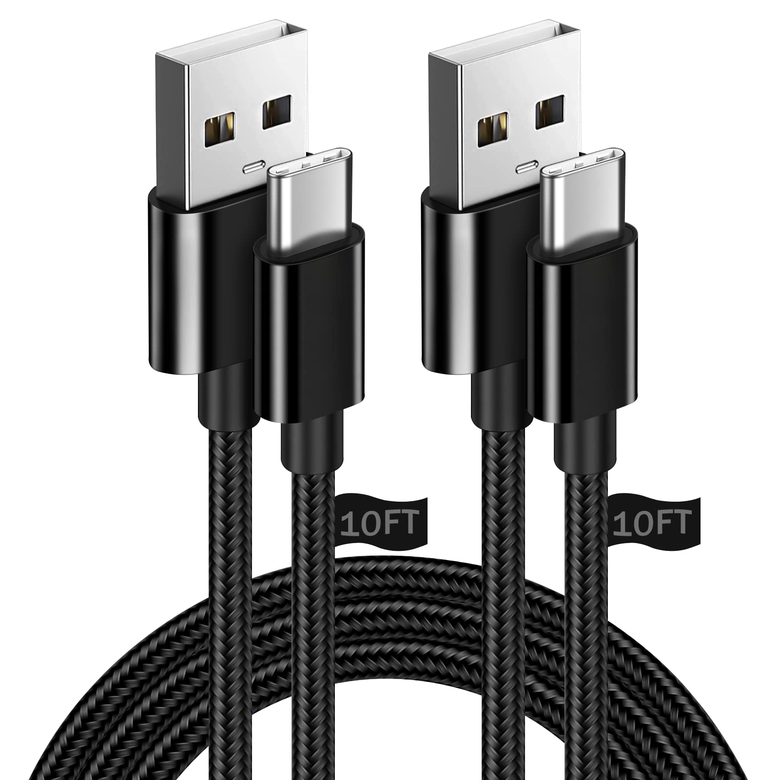 UDATON USB Type C Cable Fast Charging, 2 Pack(10ft+10ft) Long 3A USB A to Type C Charge Nylon Braided TPE Cord Compatible with Samsung Galaxy S22 S21 S10 Plus,Note 9 LG Stylo 6 V60 V50 G8X G8,Black