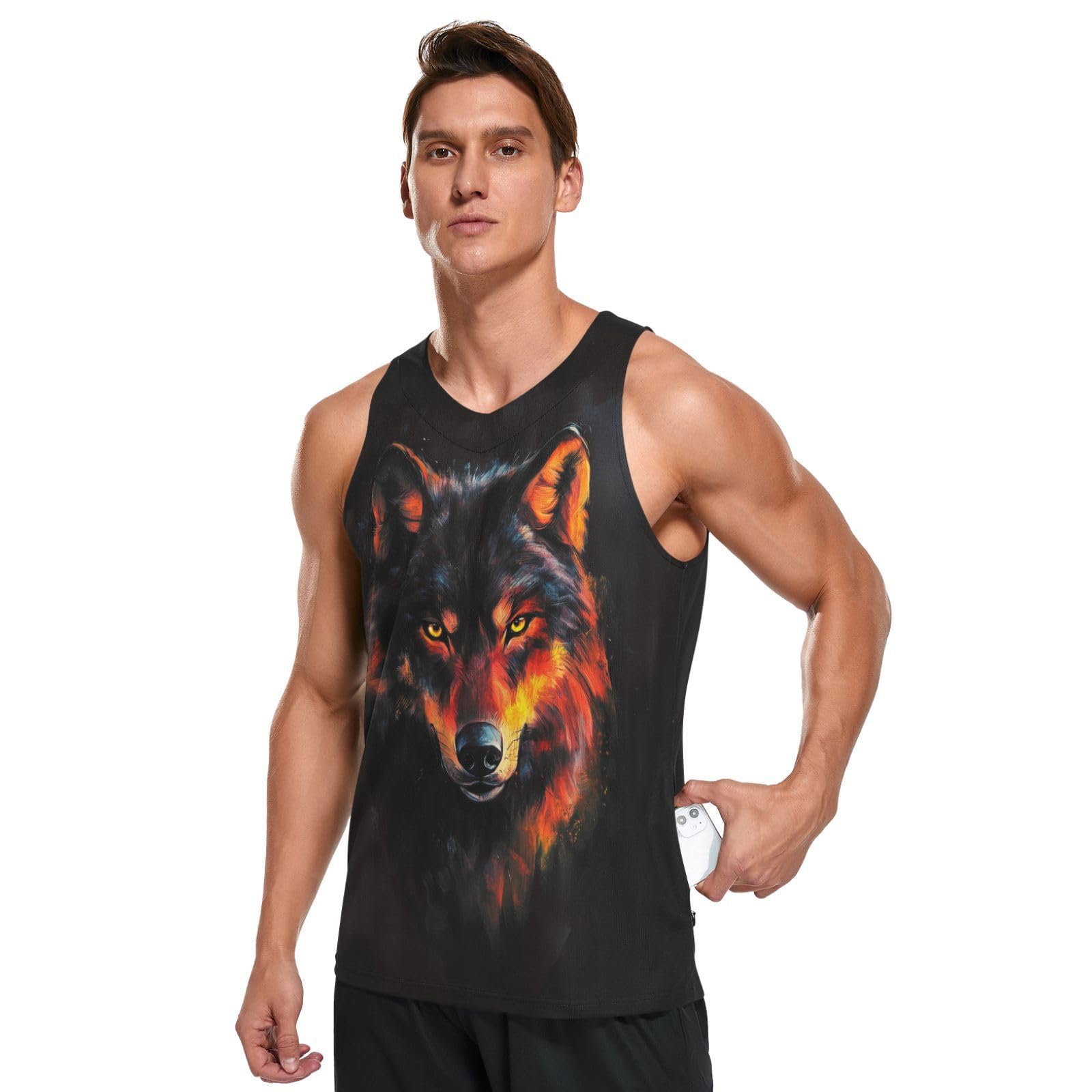 JHKKU Men's Quick Dry Sports Tank Tops for Gym Athletic Fitness Running Workout Beach Sleeveless Shirts with Pocket, Black Wolf, XXL