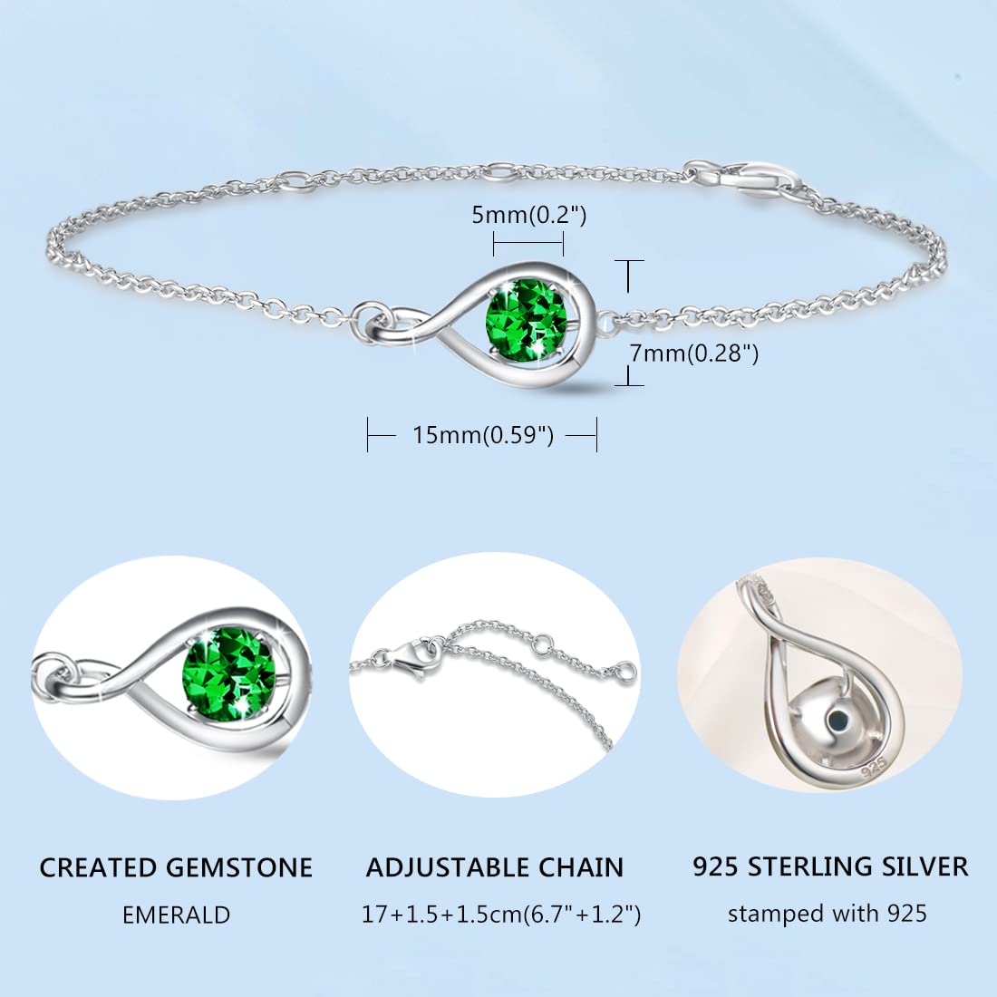 FANCIME Braccialetto con pietra portafortuna in argento Sterling 925, con ciondolo a forma di infinito, gioiello originale o creato con pietre preziose, regalo di compleanno per donne, lunghezza della