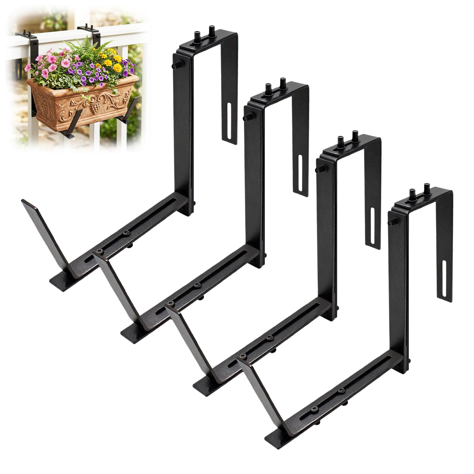 4 Stück Blumenkastenhalter für Balkon-Brüstungen und Geländer, Verstellbar Blumenkastenhalterung 2 Montagearten Metall Pflanzkastenhalterungen für Wände, Gärten, Zäune, Terrassen