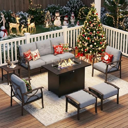 Image of FansaFurn 7-Pieces Outdoor Patio Furniture Set with 43 inch Fire Pit Table, Outdoor Metal Sectional Sofa with Cushions, Outdoor Conversation Set for Garden, Balcony, Deck, Backyard, Grey