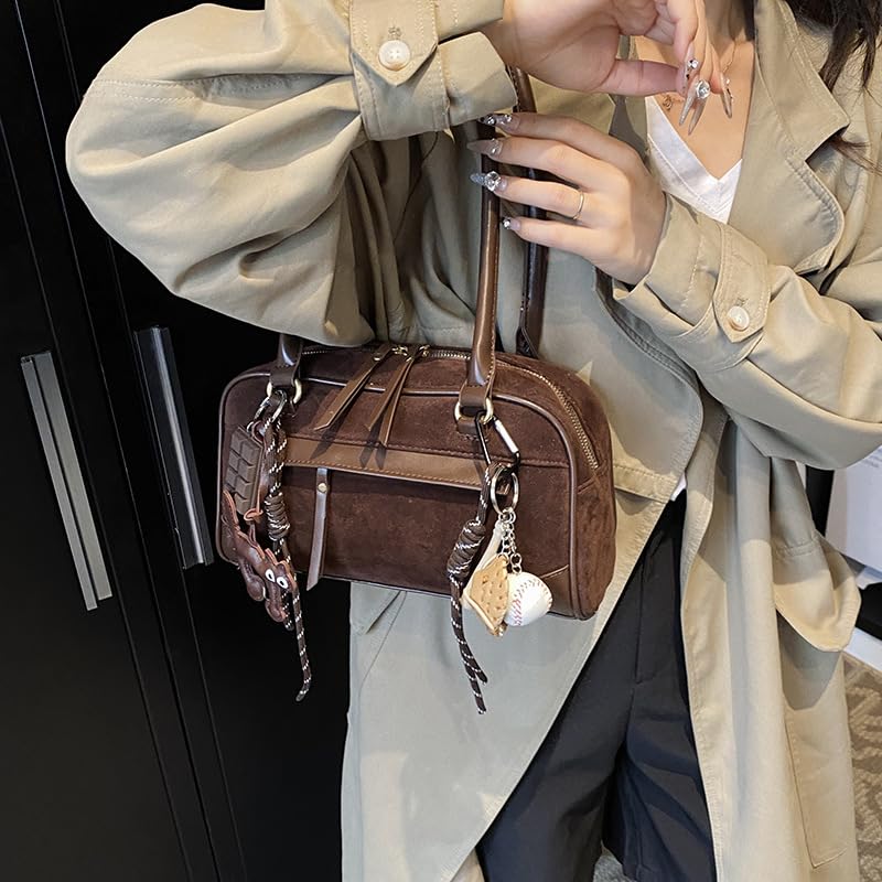 Suede Shoulder Bags for Women Vintage Bowler Bag Stylish Fall Purse Shoulder Handbags Retro Top Handle Bag with Cute Pendant4