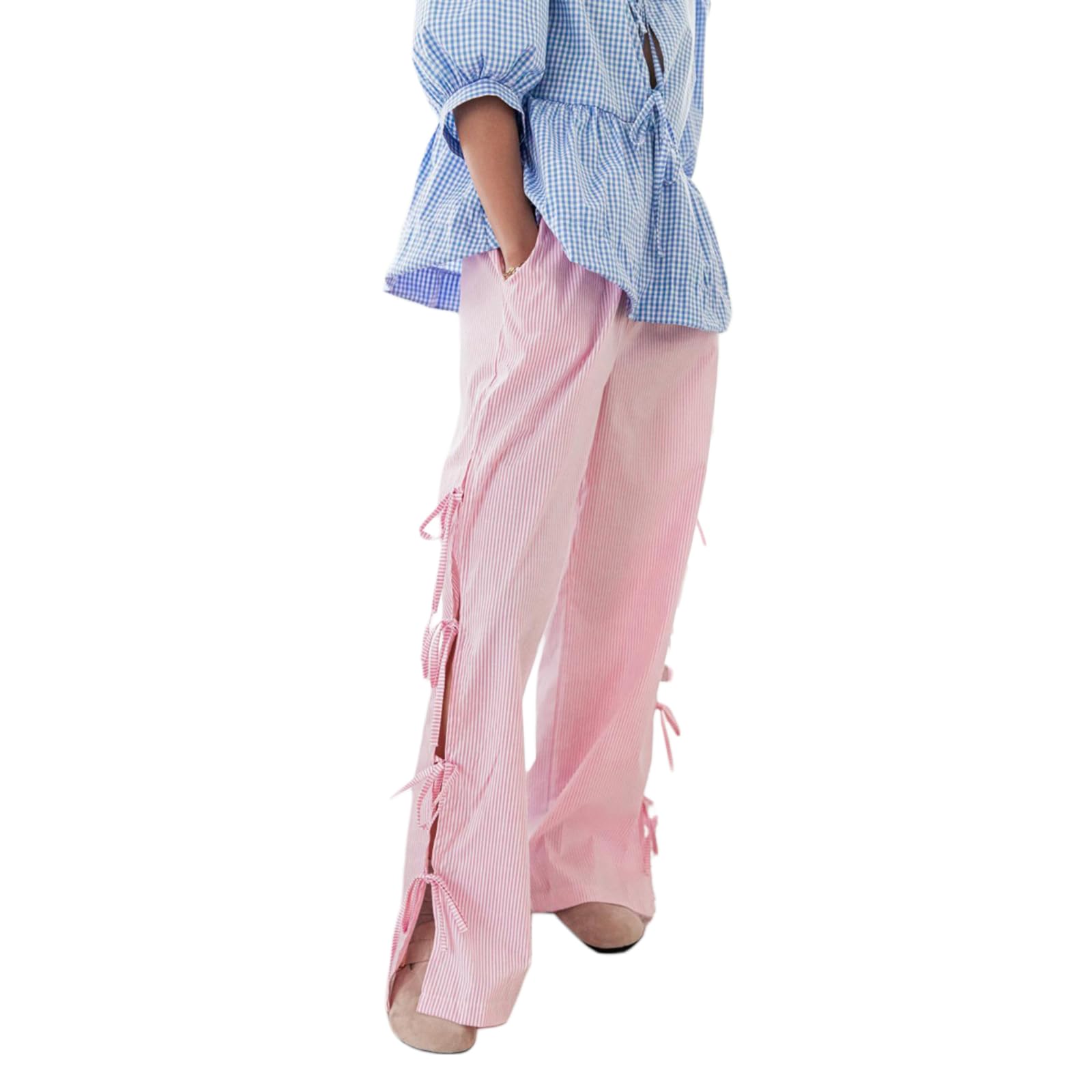 Women Y2K Plaid Stripe Pants Side Tie-Up Wide-Leg Straight Trousers Vintage Lounge Pants Sweatpants Pjs Bottoms