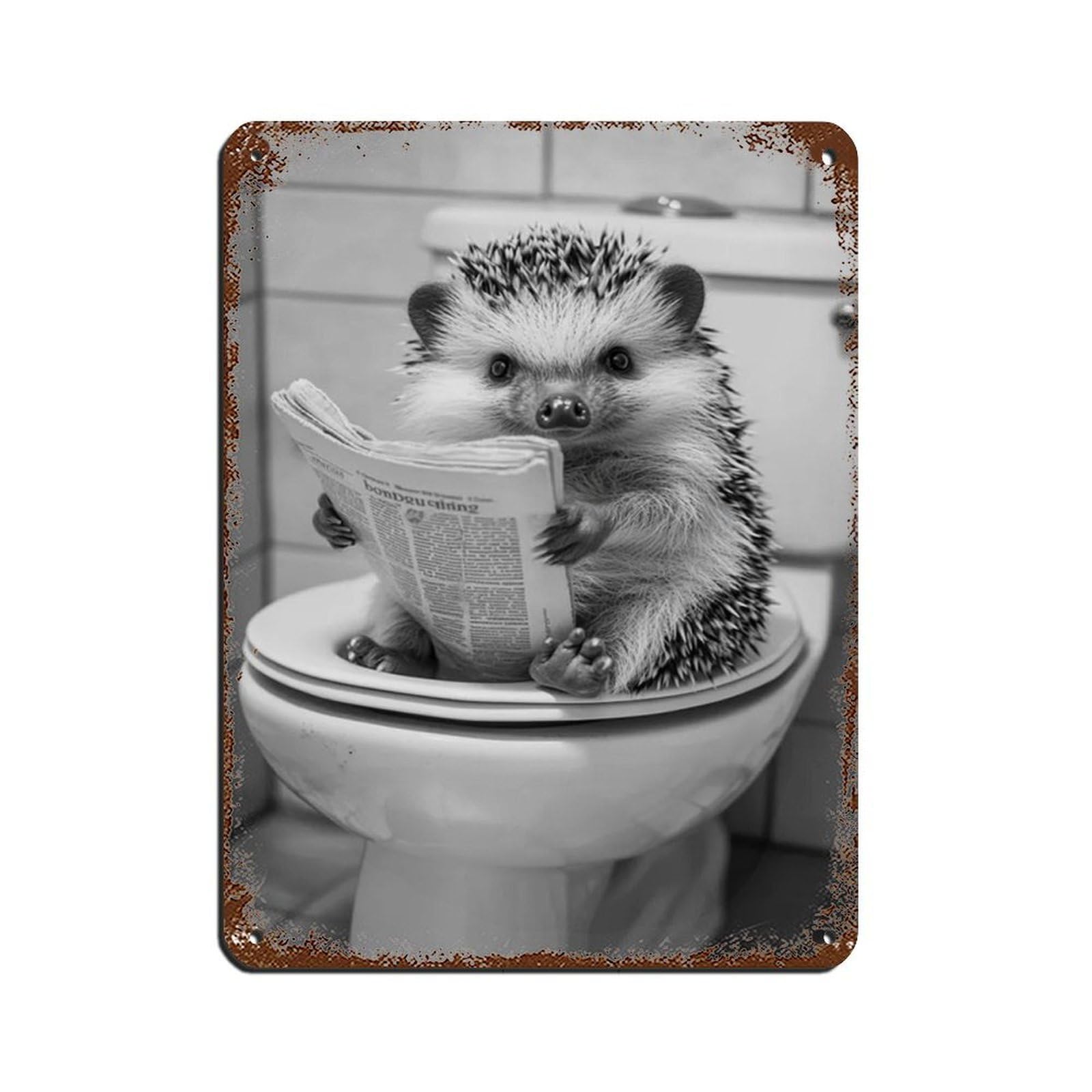 Hedgehog Sitting on The Toilet Reading A Newspaper Retro Poster Metal Tin Sign Chic Art Retro Iron Painting Bar People Cave Cafe Family Garage Poster Wall Decoration 12x16inch(30x40cm)