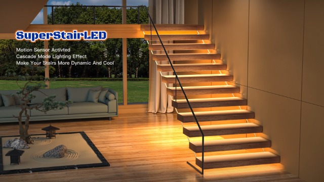 Image of Motion-Activated LED Stair Lighting Kit with Daylight Sensor SSL-5616, Supports up to 16 Steps x 40 inch Cuttable 3000K COB Strip Lights for Indoor LED Stair Lights