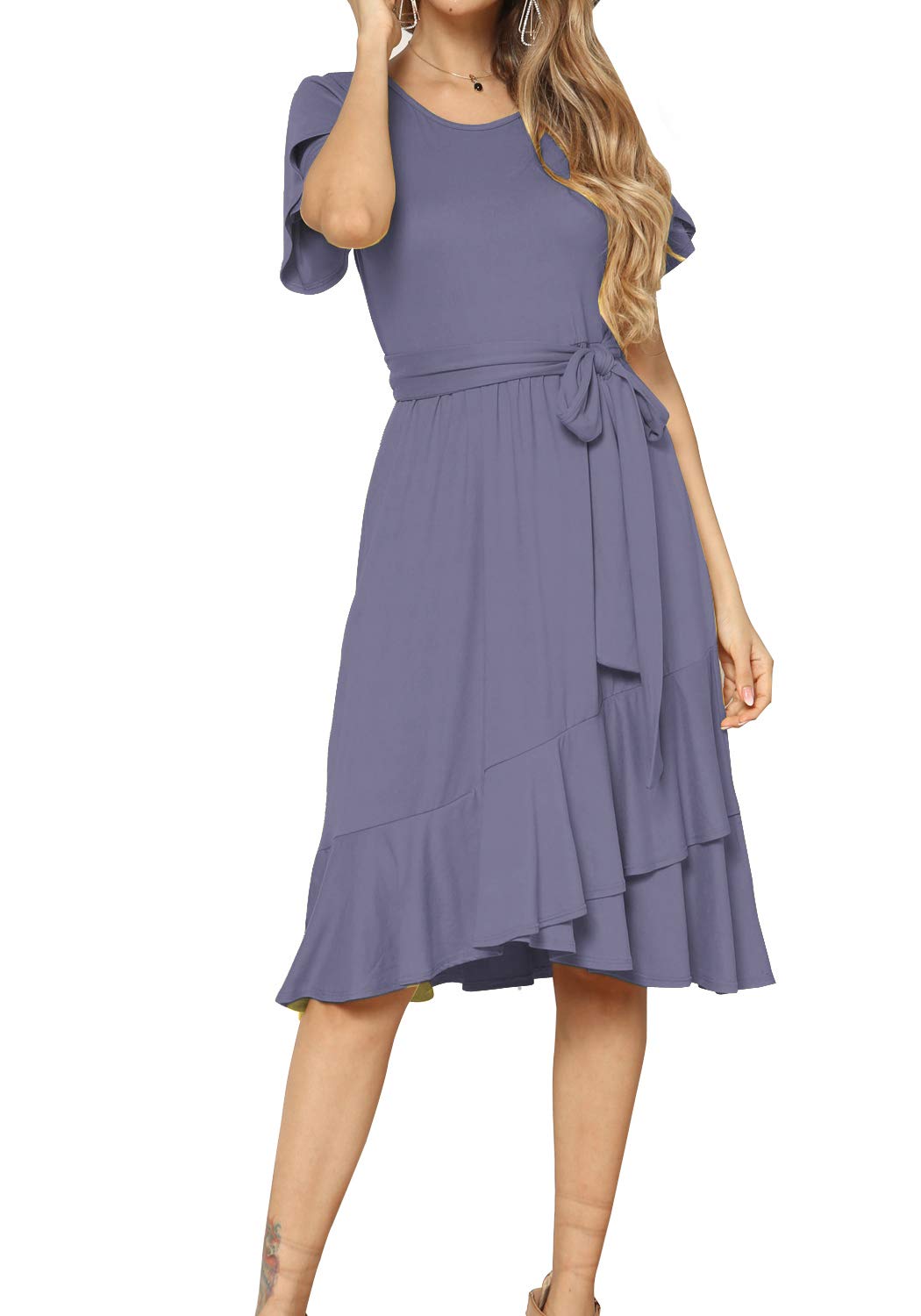 Women's Plain Casual Flowy Short Sleeve Midi Dress with Belt