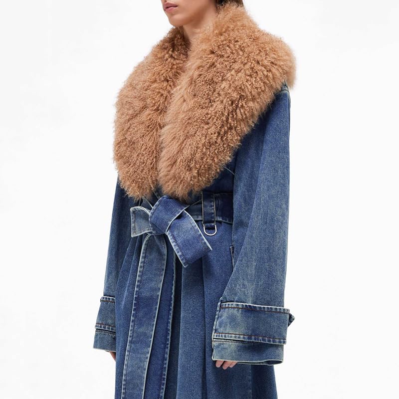 Womens Winter Warm removable fur collar Long Jean Jacket Denim maxi oversize Jacket Trench Coat with Belt2