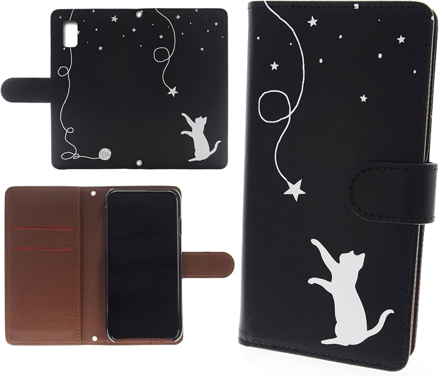 アクオス ウィッシュ AQUOS wish (SHG06 / A104SH / SH-M20) / AQUOS wish2 (SH-51C / SHG08 / A204SH) / AQUOS wish3 (SH-53D / A302SH) ケース ネコ 手帳型 黒色 スマホケース ブラック