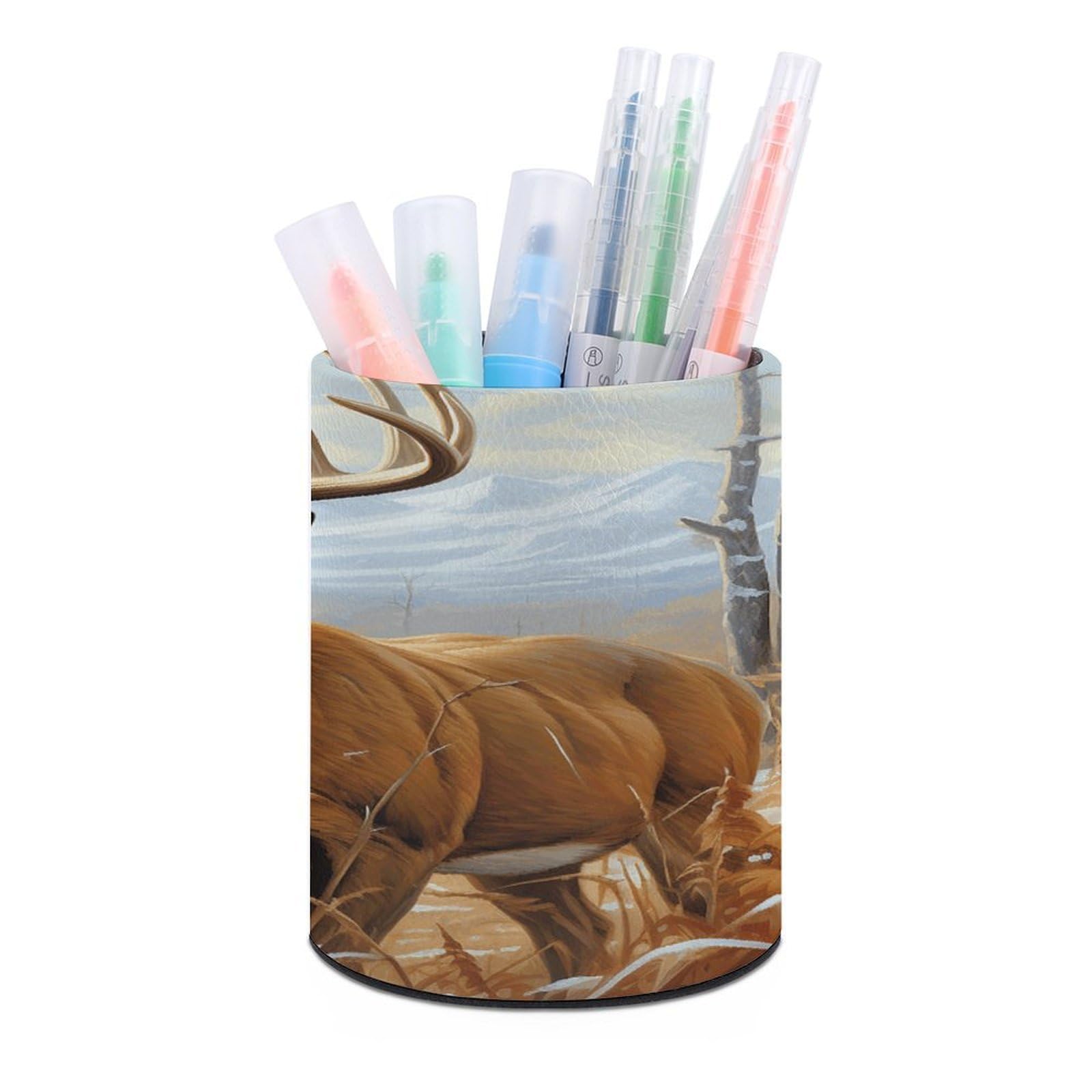 VstaDank Buck Deer Pen Holder PU Leather Pencil Cup Minimalist Desk Pencil Holder Round Make Up Brush Organizers For Office Dorm Room&Vanity Desk Accessories