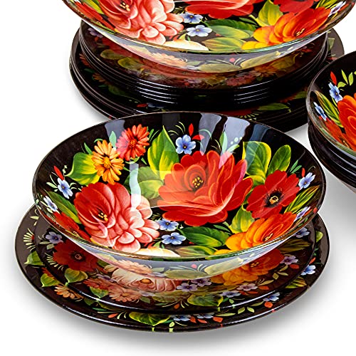 Tafelservies, serviesset van glas voor 6 personen, 19-delig, Ruslandmotieven, Chochloma-schilderpatroon, 6 x soepborden, 6 x dessertborden, 1 x slakom (Zhostovo) - Image 4