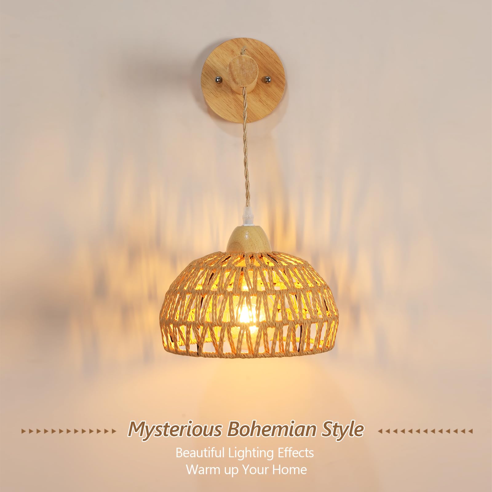 Applique Murale Bois Intérieur Vintage, E27 Lampes Murale Boho avec Abat-jour en Rotin, Bois Cage Applique Rotin Luminaire Murale E27 pour Salon Chambre Couloir Salle à Manger (Sans Ampoule)