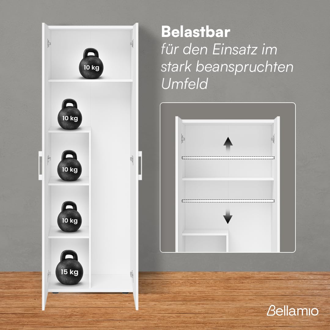 Bellamio Apol Besenschrank - Mehrzweckschrank in Weiß - Vorratsschrank mit Staubsaugerfach - Putzschrank aus Holz - Flurschrank mit Stauraum - Haushaltsschrank - Allzweckschrank 176x33x60 cm