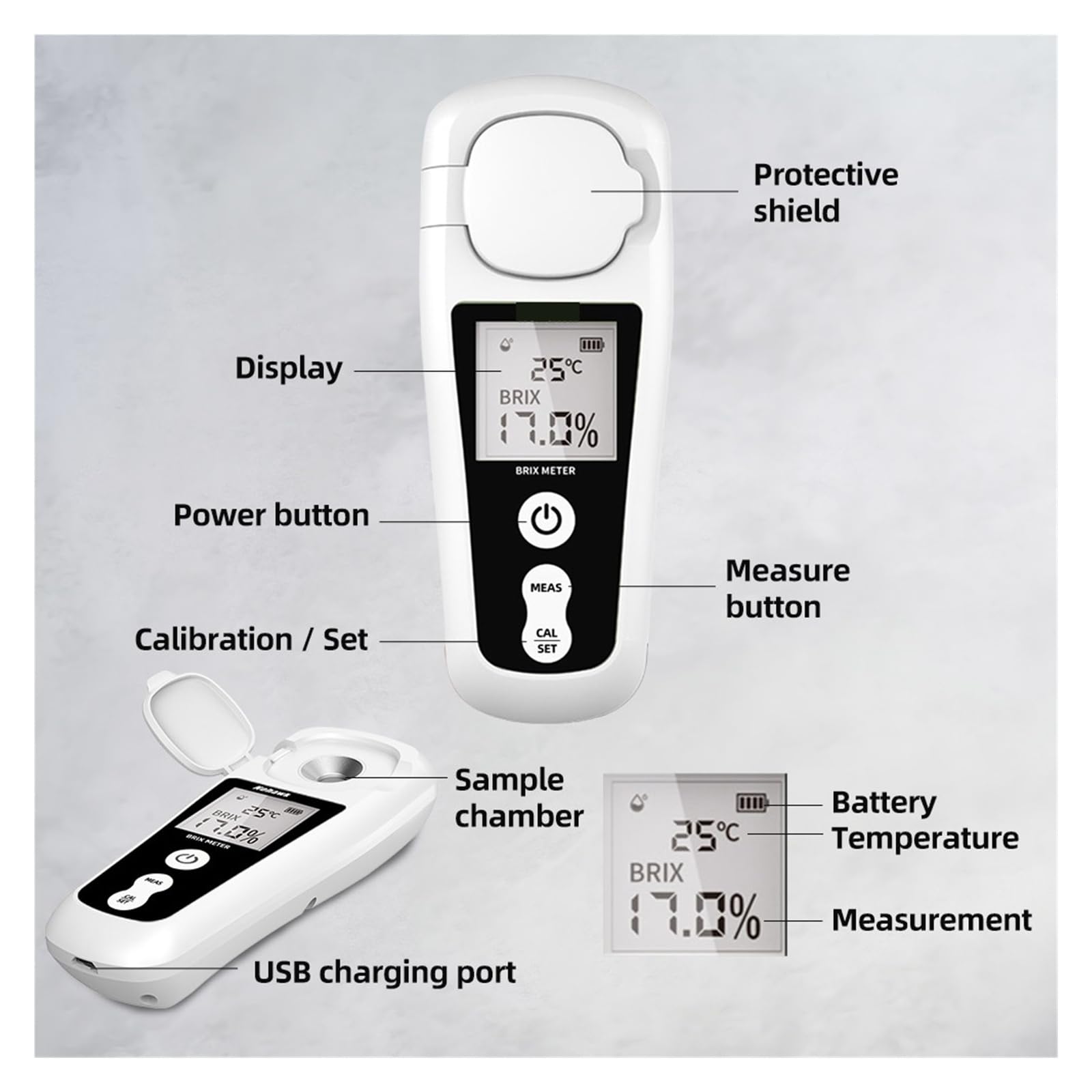 Brix-Refraktometer, LCD-Digital-Brix-Messgerät, wiederaufladbares Zuckermessgerät zur Messung des Flüssigzuckergehalts von Fruchtgetränken Schnelle Reaktion