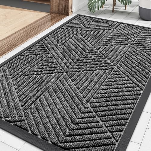 Image of Smiry Front Door Mat Outside Entrance, Heavy Duty Sturdy Natural Rubber Doormat, Trap Dirt and Moisture, Easy Clean Low Profile Mats for Indoor Outdoor Entry, Irregular Triangle (29.5x17, Silver Grey)