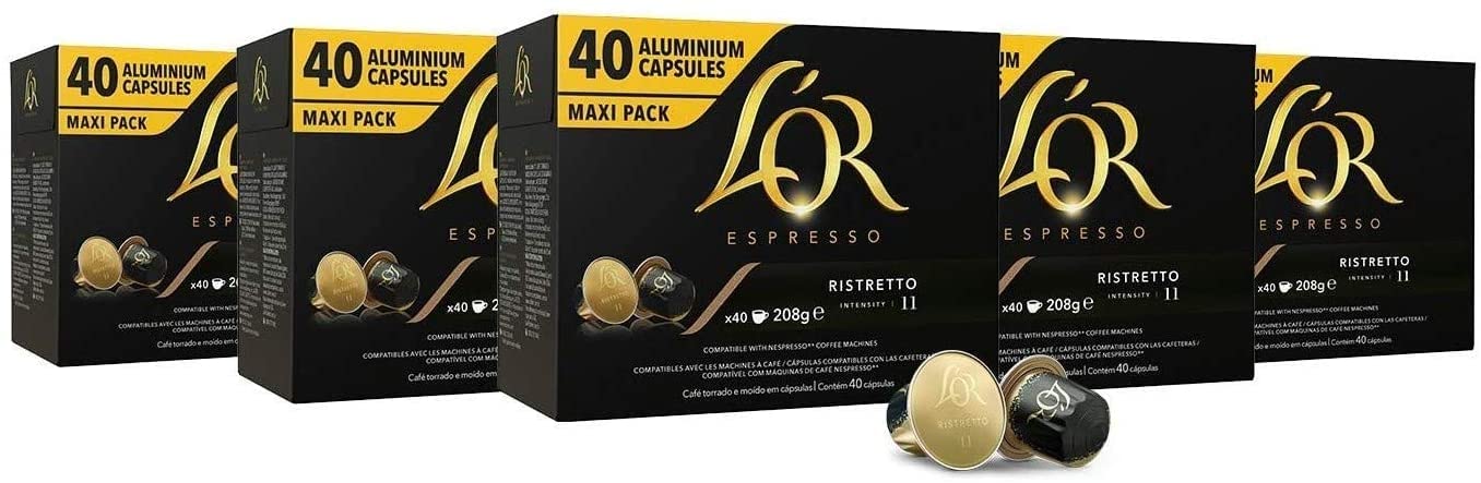 L'Or Espresso Coffee Ristretto Intensity 11 - Nespresso®* Compatible Aluminium Coffee Capsules - 5 Packs of 40 Capsules (200 Drinks)