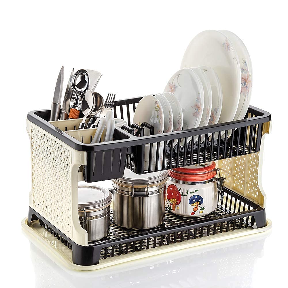 DCloud Hub Plastic 2 Layer Kitchen Dish Organizer Storage Rack ,Cutlery Utensil, Fruits and Vegetable Drying Drain and Storage Stand with Water Storing Tray - Black & White (Sink Pro+)
