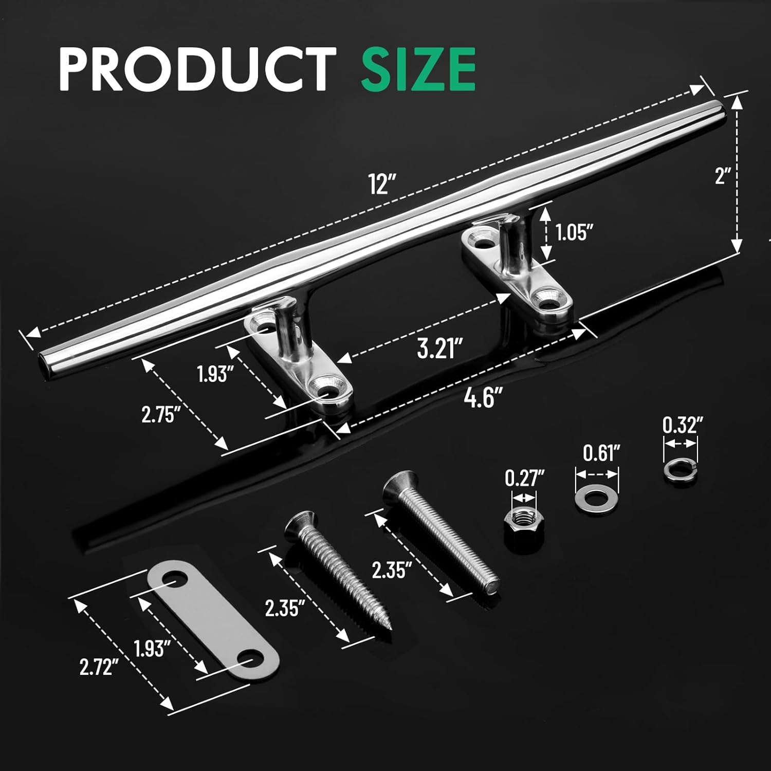 8"/10"/12" Boat Cleats, 316 Stainless Steel Open Base Marine Dock Rope Cleats with Backing Plates and Two Types Screws, Compatible with Kayak, Yacht, Pontoon, Nautical Decor