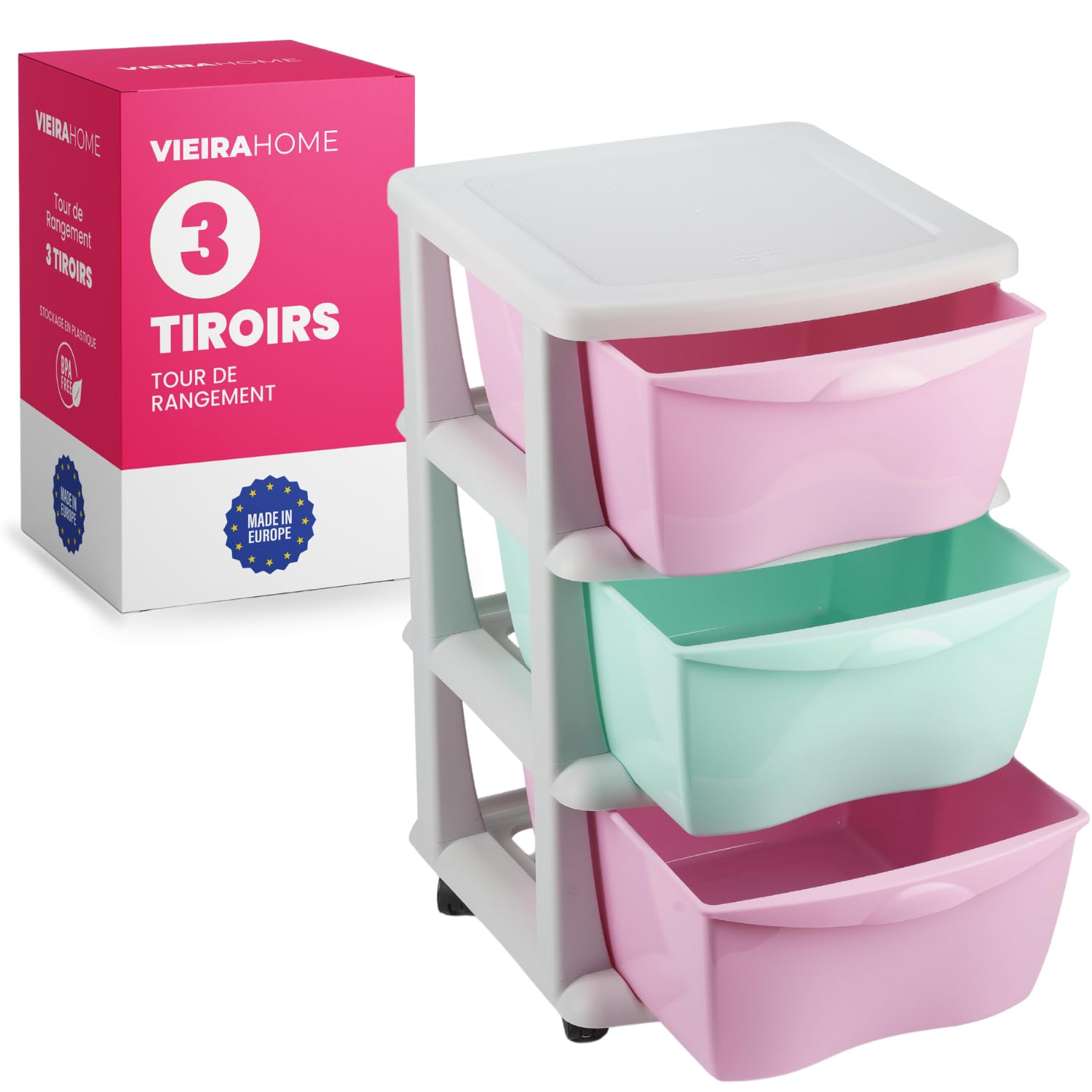 Boîte à tiroirs de bureau, armoire de rangement en plastique, boîte de rangement pour papeterie, boîte à bijoux, armoire de bureau de bureau - rose | 3 couches