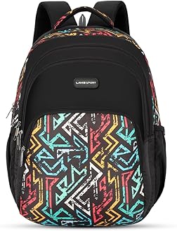 Lavie Sport Vector 39L Printed School Unisex Backpack with Rain cover for Boys/Girls (Black)