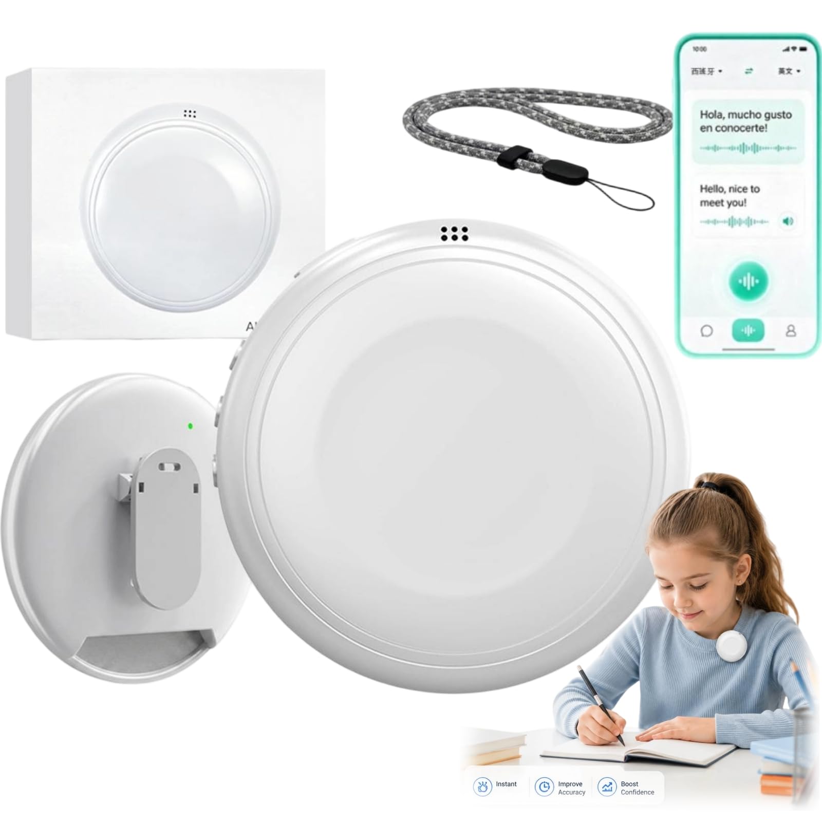 Smart Wearable Translator, AI Translator Language TranslatorDevice, Real-Time AI Translation Spanish & English Practice Companion, Capable of translating 133 Languages,for Work Travel Communication