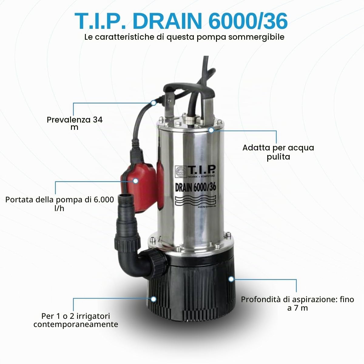 T.I.P. 30136 Drain 6000/36 Pompa sommersa a pressione, 950 W, max. 6000 l/h, prevalenza di 34 m, corpi estranei fino a 2 mm, interruttore a galleggiante regolabile in continuo in altezza
