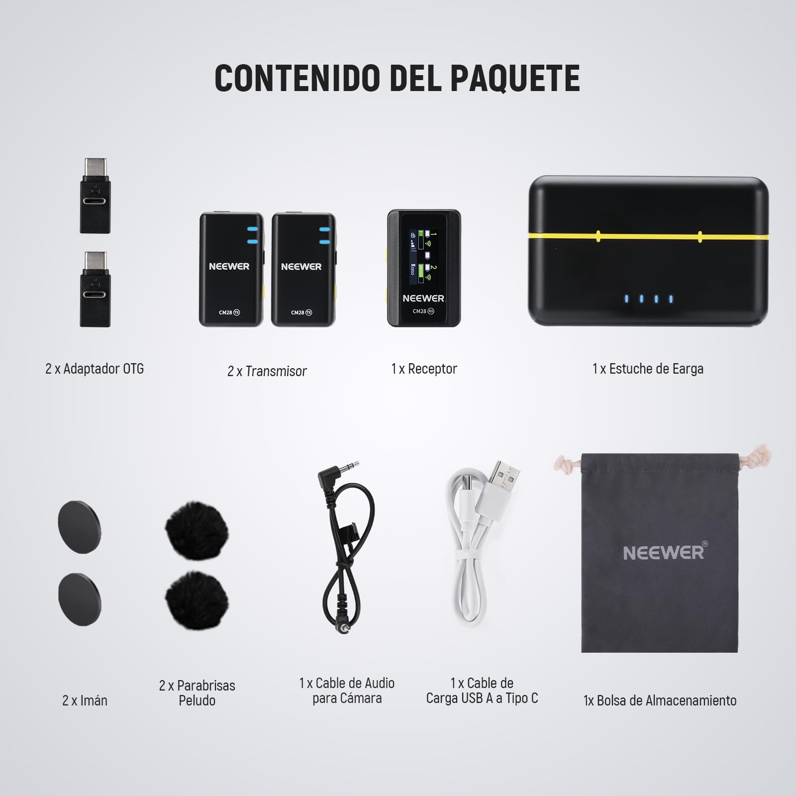 NEEWER CM28 Micrófono Lavalier Inalámbrico,Cancelación Ruido Inteligente,Grabación 48KHz/16Bit 9hrs Autonomía,Alcance 200m 4GB Almacenamiento para iPhone Android Cámara,1 RX + 2 TX + + Estuche Carga