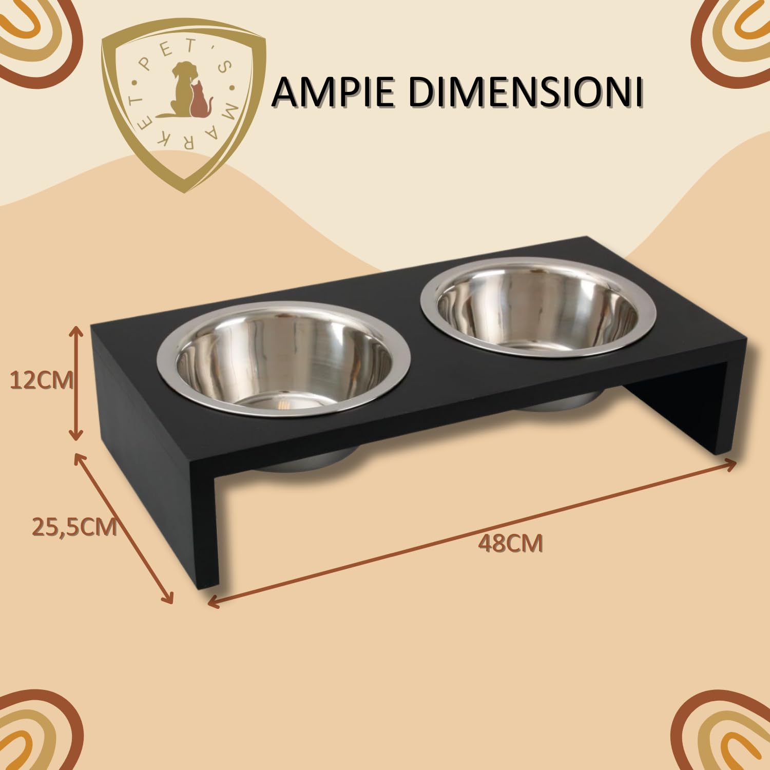 Pet's Market Ciotola Cane Gatto Doppia per la Pappa con Supporto in Legno in Diverse Dimensioni e Colori 2x220 ml 2x380 ml 2x650 ml (2x650 ml Nero)