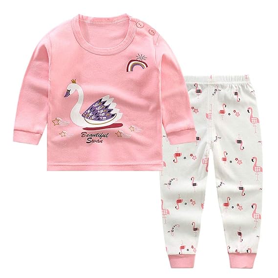 Hopscotch Baby Girls Cotton and Polyester Full Sleeves Bird Printed Top and Pyjama Set in Pink Color