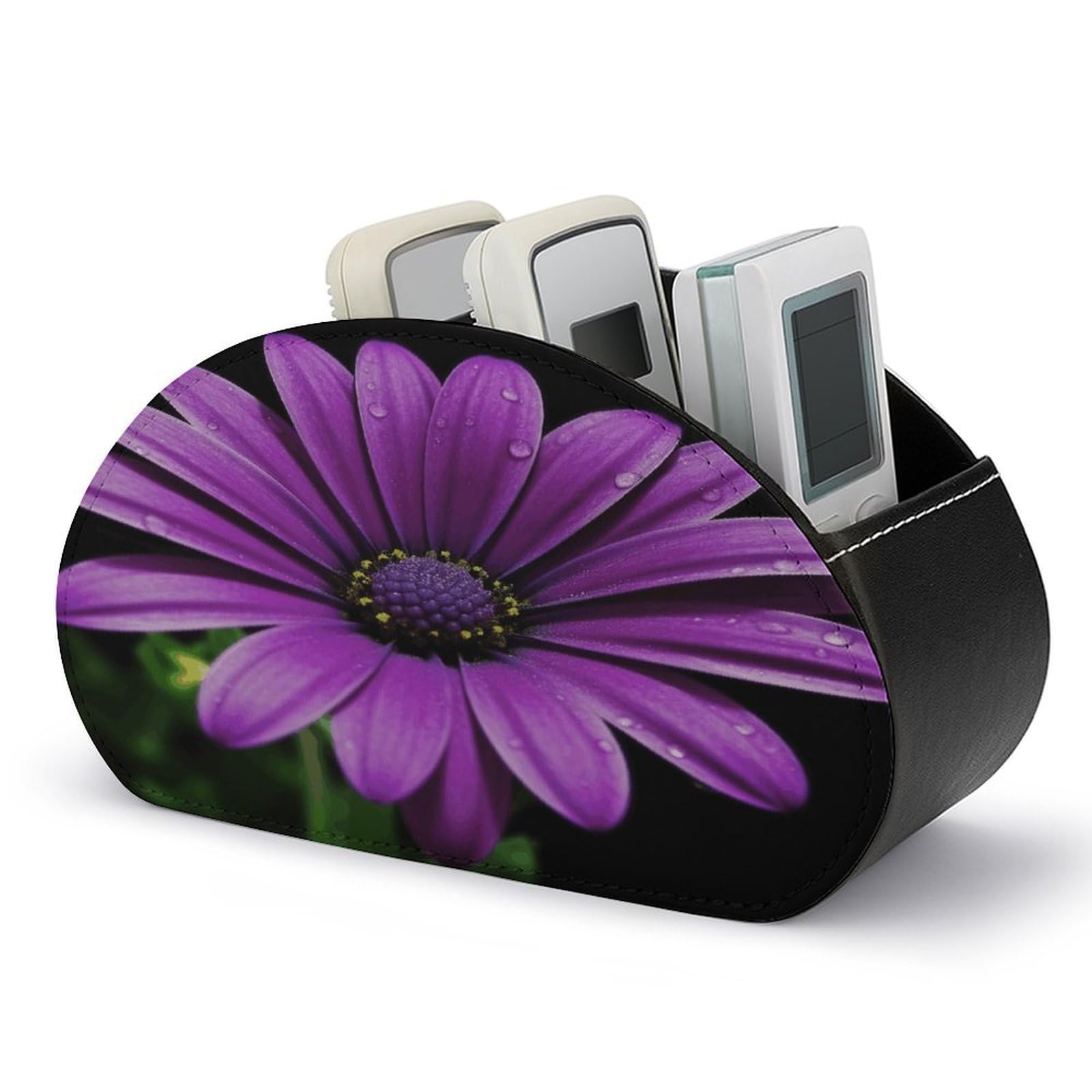 FekiLoot Purple Daisy Remote Control Holder, PU Leather Remote Control Organizer Box Stationery Remote Control Box Desk Storage Organizer for DVDs,Glasses,Pens,Media Players