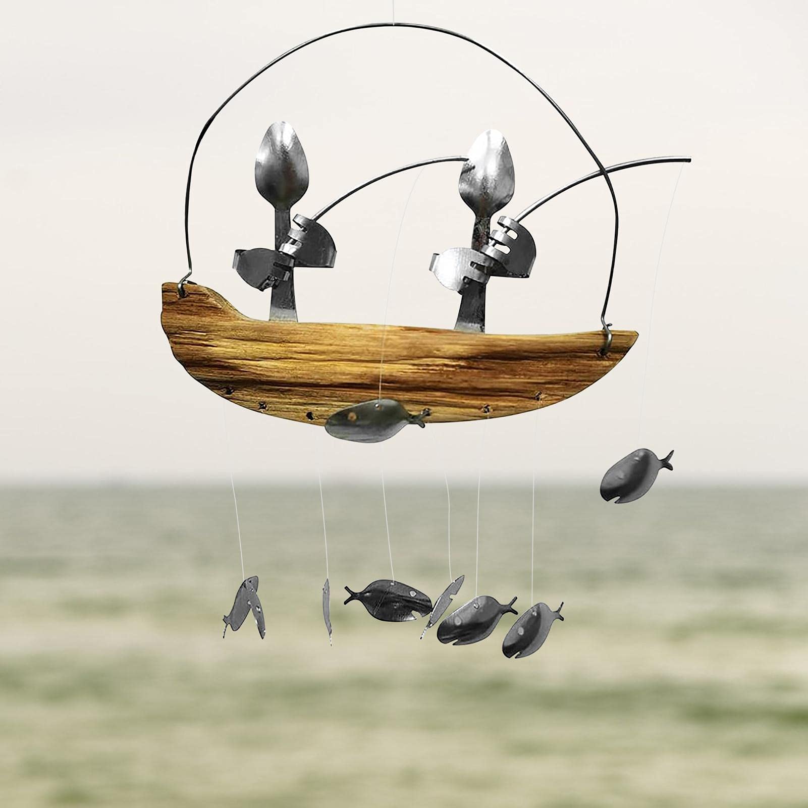 Angler Windspiel, Besteck Mann Fischlöffel Fisch Windspiel Angeln Mann Löffel Fischskulpturen Windspiel, Kreatures Design Küstenstil Windspiel Indoor Outdoor Hanging Room Ornament