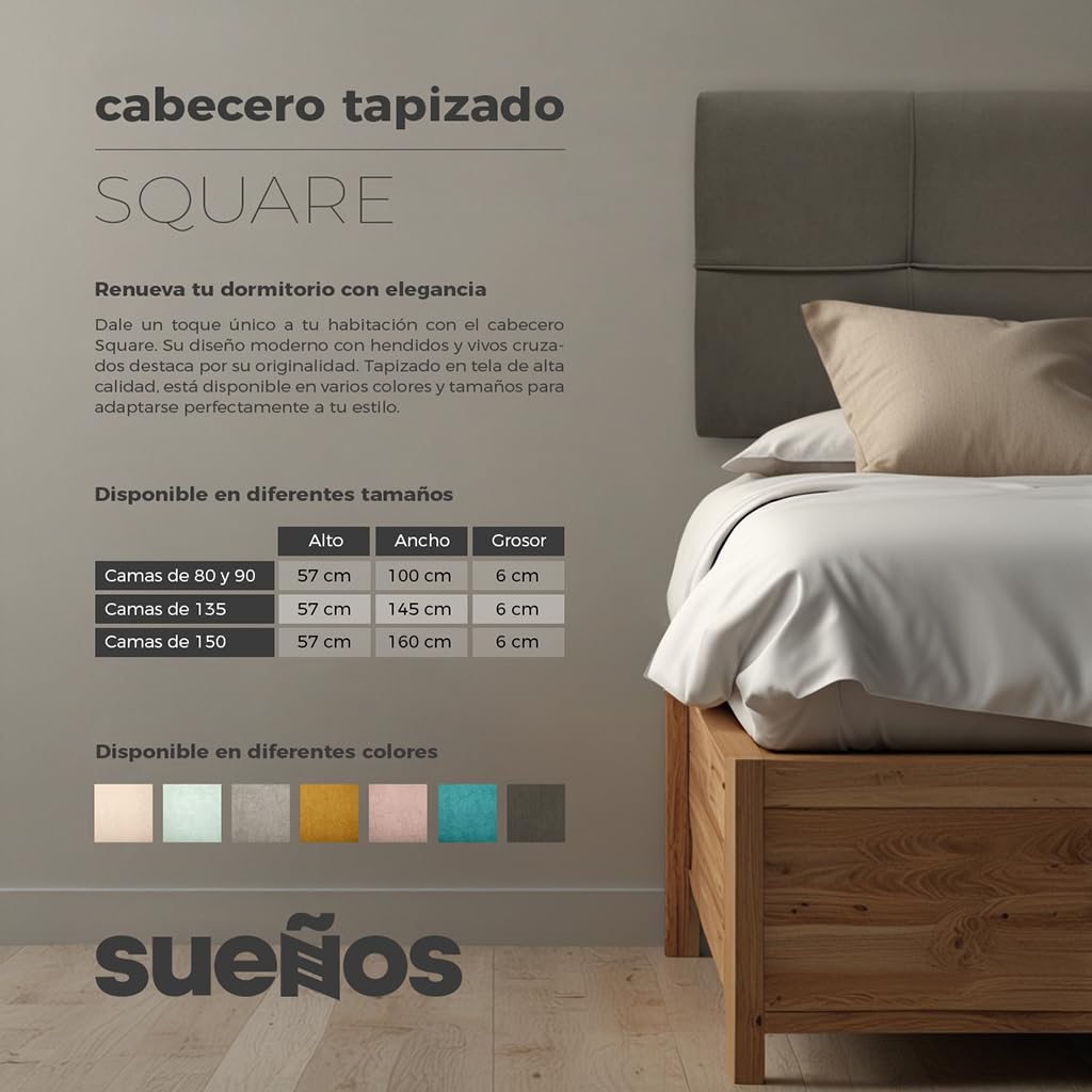 SUENOSZZZ-ESPECIALISTAS DEL DESCANSO Cabecero de Cama tapizado, Modelo Square para Camas de 90 (100 x 57 cm) Tela Verde Agua