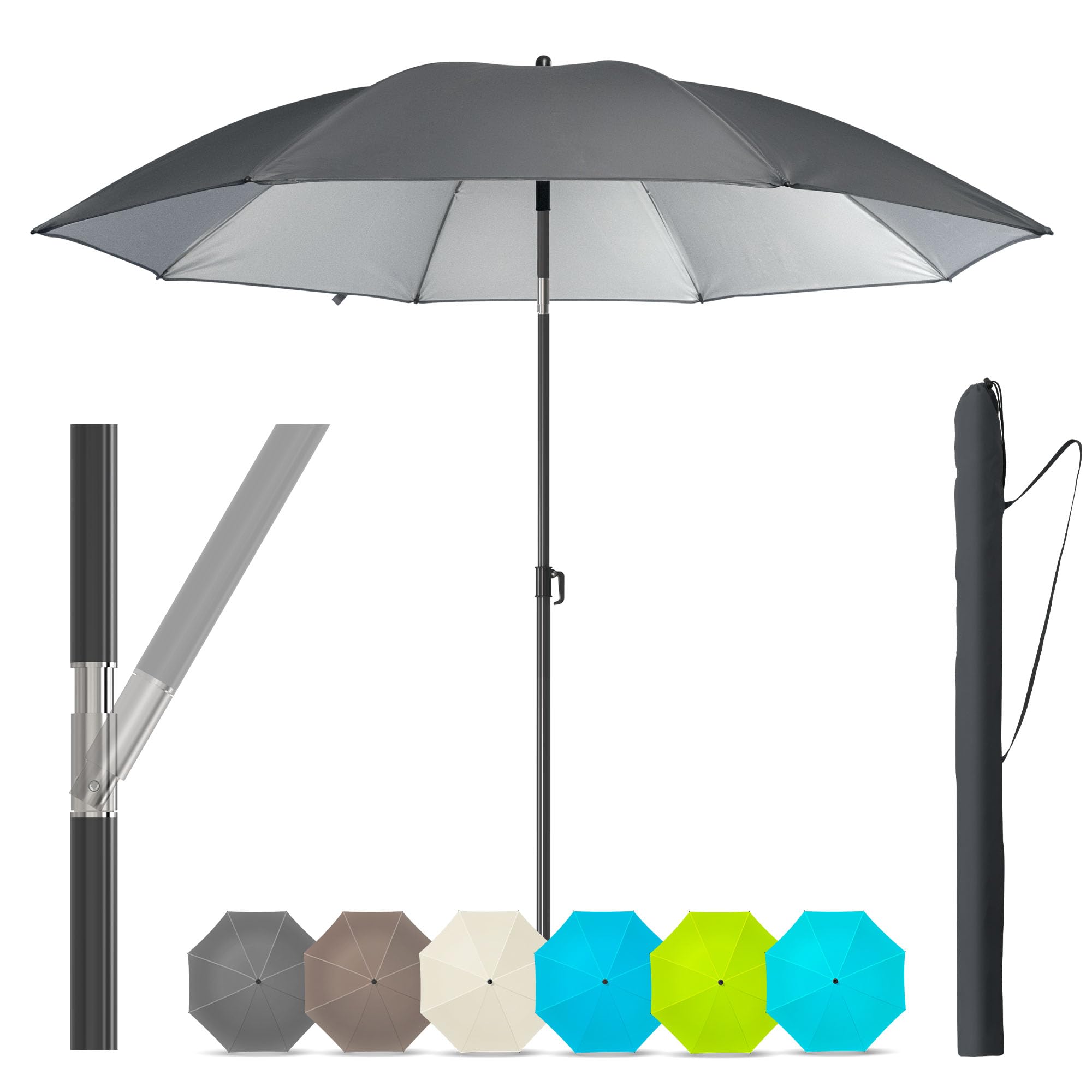 4smile Strandschirm SunnyJoy, Ø 180 cm - UPF 50+ Sonnenschirm Strand mit Hülle, Sonnenschirm Balkon - Strandschirm windfest stabil, platzsparender Balkon Schirm als Ersatz für Kurbelschirm, Anthrazit