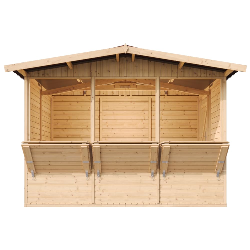 TIMBELA M150A Holz Gartenhaus, Marktbude Holz, Qualitäts Schiffslatten Kiefern Fichte Verkaufsstand Holzhaus mit Theke, DREI Fenster, 200x300/6 m2, große multifunktionale Garten-Bar Verkaufshütte