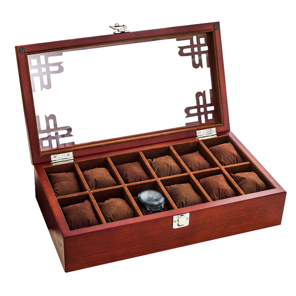MUSUMI Caja de reloj de Madera con tapa de vidrio,caja de almacenamiento de joyería de lujo para 12 relojes,organizador de gemelos con almohada de almacenamiento extraíble y Hebilla de Metal