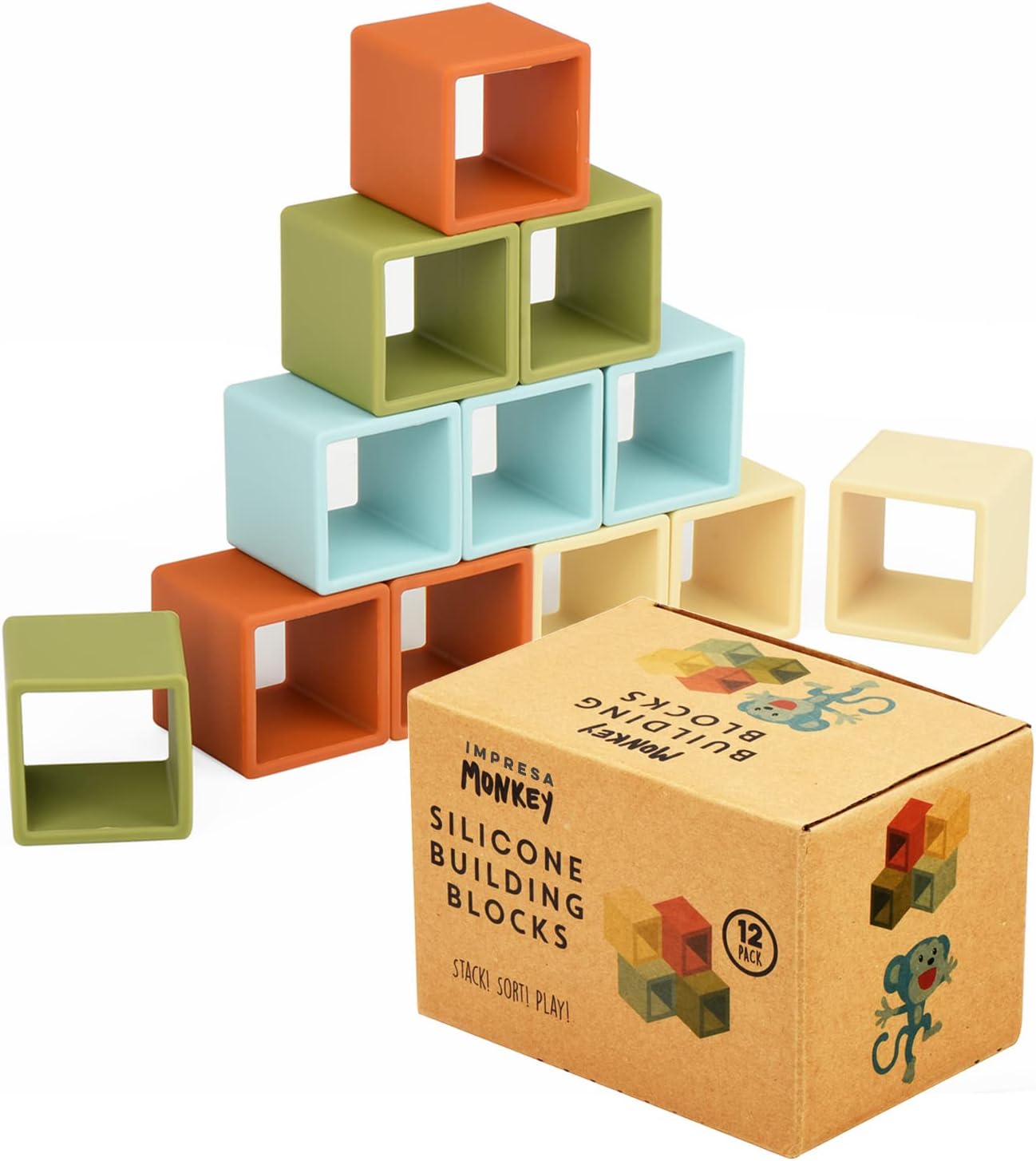 Blocks for Toddlers 1-3 - 12 Pack, 2-Inch Multicolor Silicone - Flexible Silicone Blocks for Sensory Play & Teething Toy