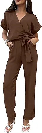 PRETTYGARDEN Women's Summer One Piece Jumpsuits Belted Short Sleeve Wrap V Neck Fashion Dressy Casual Wide Leg Pants Romper