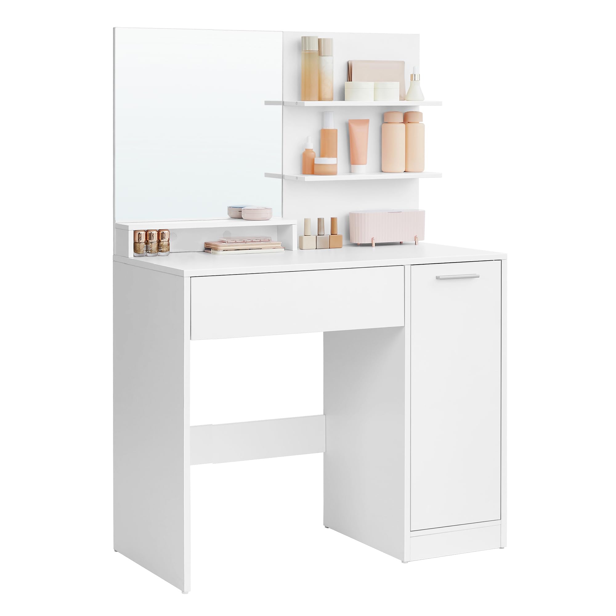 KAILYN Collection - Dressing Table, Vanity Table with Large Mirror, Adjustable Shelves, 1 Drawer, 2 Open Shelves, Modern Makeup Desk, White RDT119W01