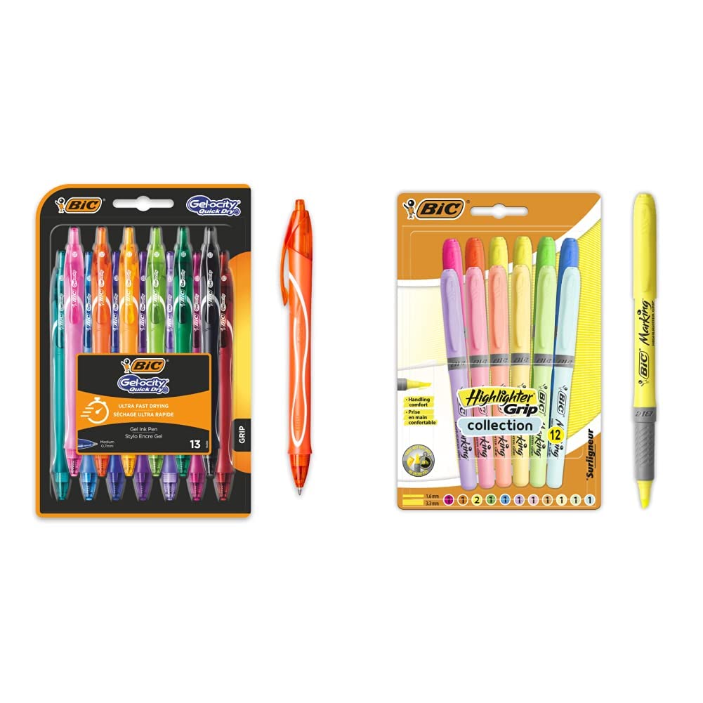 BIC Gel-ocity Quick Dry Bolígrafos de Gel de punta media Colores Surtidos, Blíster de 13 Unidades + Highlighter Grip Marcadores de Punta Biselada Regulable
