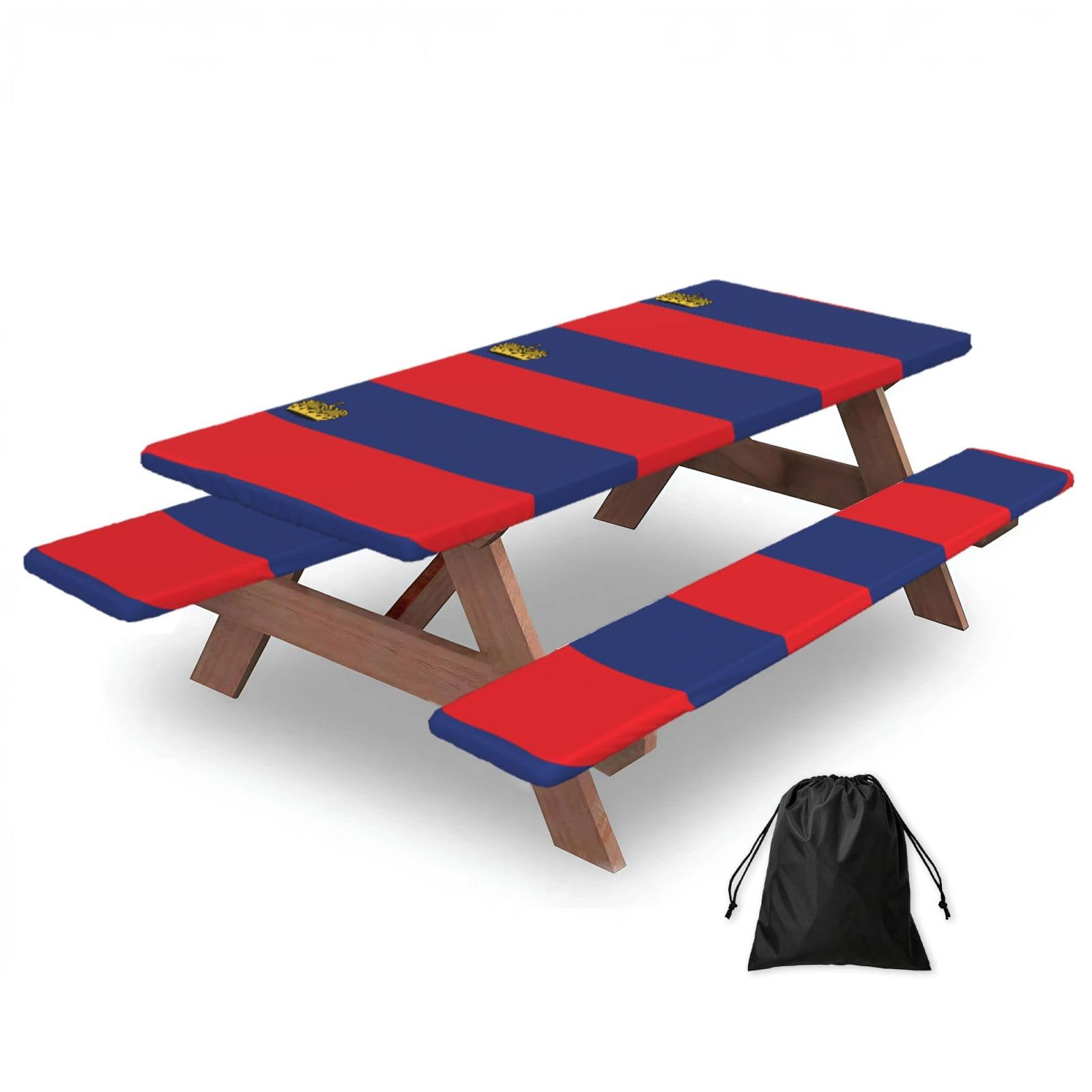 Erwqavc Black Flag Of Liechtenstein Print Picnic Table Cover & Bench Covers 3-Pack Set, Elastic Tablecloths For 6 Ft Rectangle Tables